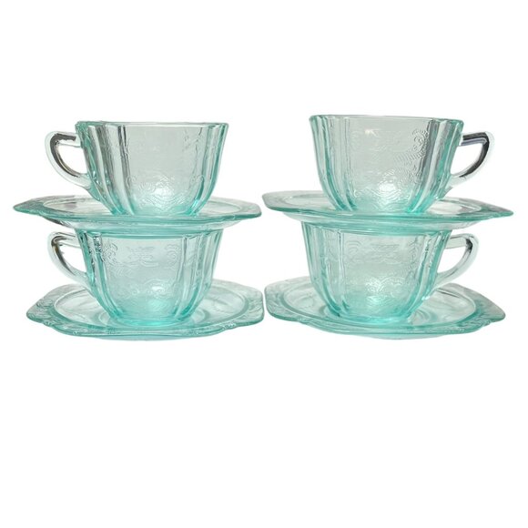 Vintage teal glass teacup set - teal glass set of four teacups and saucers - Picture 1 of 7